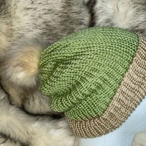 Pistachio Green and Country Beige Beanie w/ Cream Pom Pom - Hand Knit By Douglas